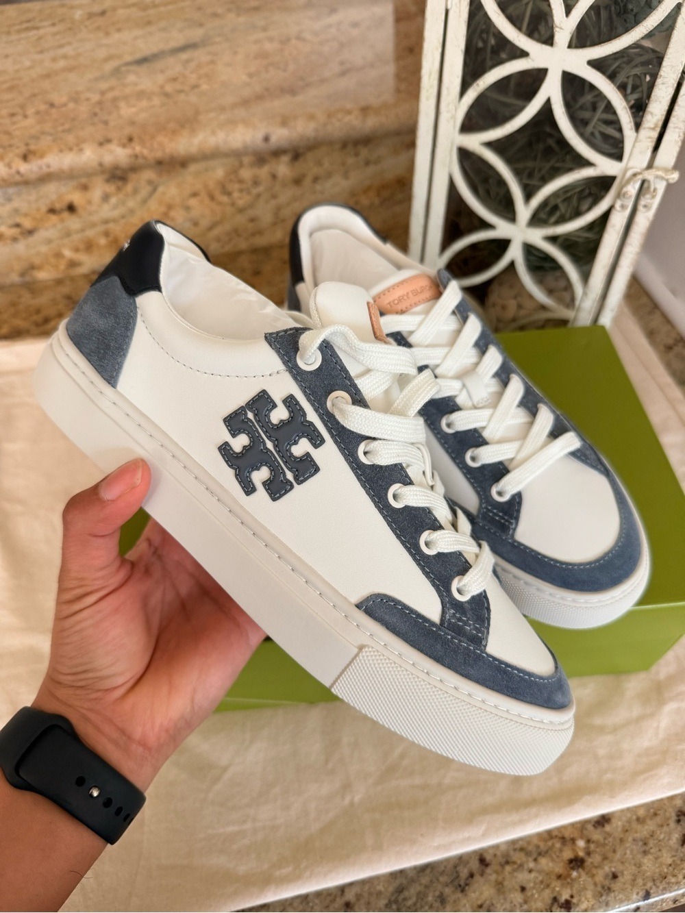 New Tory Burch COLOR BLOCK SNEAKER. BARI NAPPA 1.2-1.4MM PERFECT NAVY WHITE